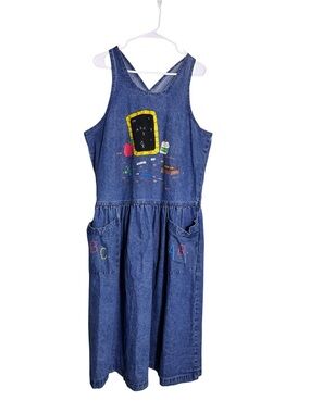 Vintage 90s Denim Teacher Jumper Dress ABC Apple Embroidered Pockets Large